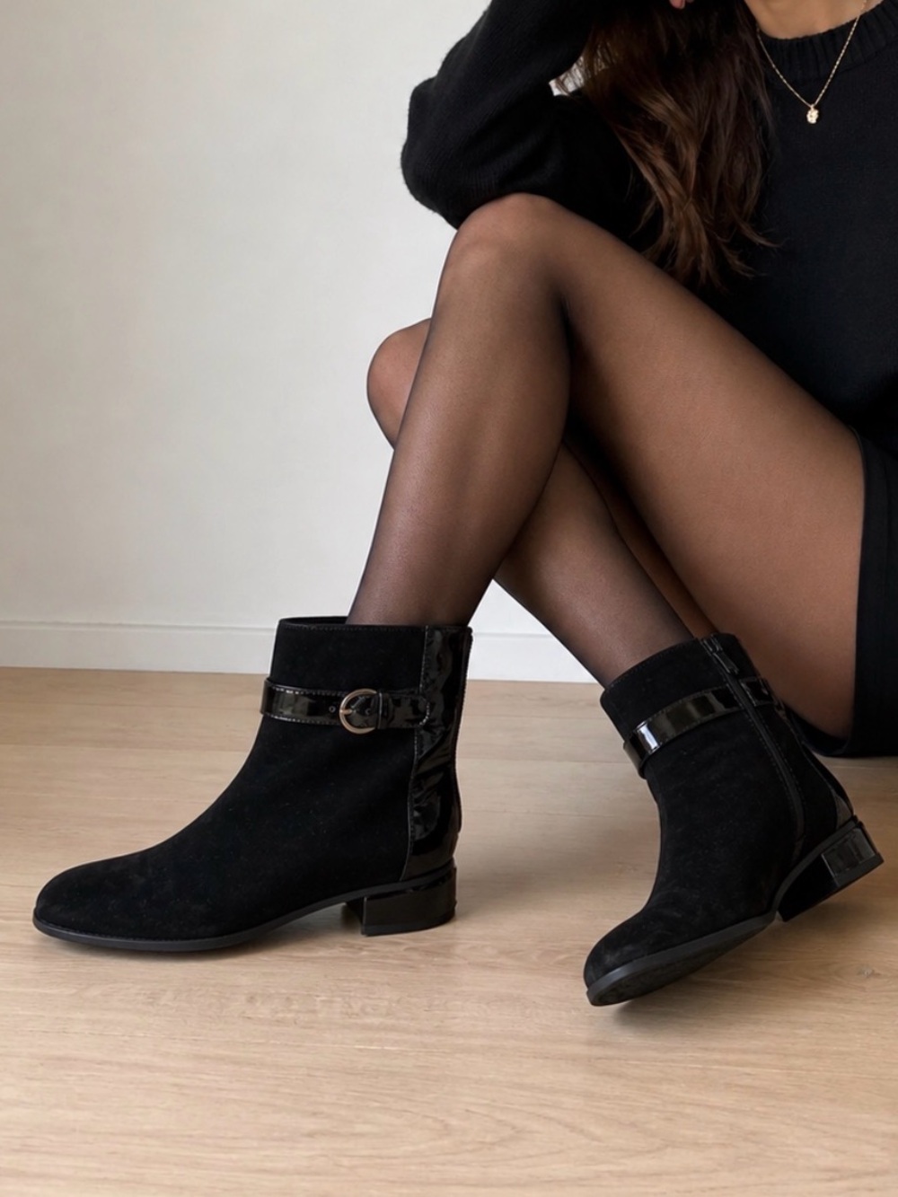 Aquatalia Black Suede Ankle Booties with Patent Trim